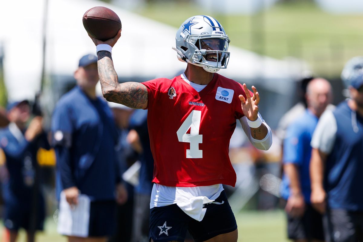 Dak Prescott #4 of the Dallas Cowboys throws during training camp at River Ridge Playing Fields on July 30, 2026 in Oxnard, California. (Photo by Ric Tapia/Getty Images)