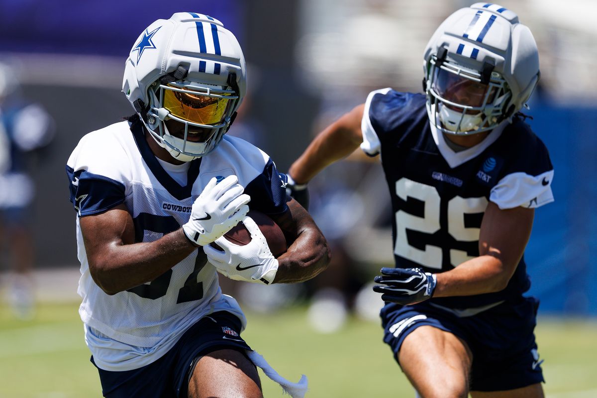 Jonathan Mingo #81 of the Dallas Cowboys runs after the catch during training camp at River Ridge Playing Fields on July 30, 2026 in Oxnard, California. 