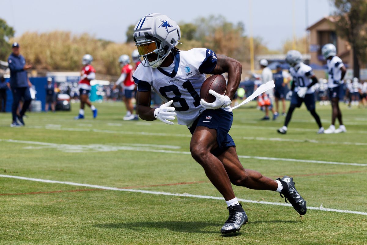 Jonathan Mingo #81 of the Dallas Cowboys runs after the catch during training camp at River Ridge Playing Fields on July 30, 2026 in Oxnard, California. 