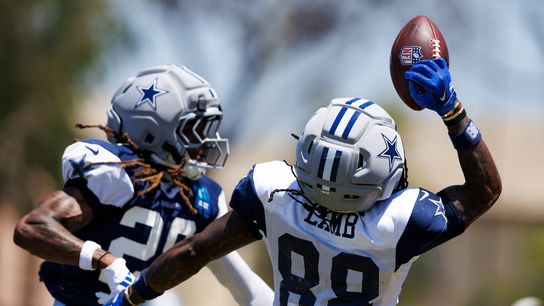Ceedee Lamb #88 of the Dallas Cowboys attempts to catch the ball during training camp at River Ridge Playing Fields on August 3, 2026 in Oxnard, California. Ceedee Lamb #88 of the Dallas Cowboys attempts to catch the ball during training camp at River Ridge Playing Fields on August 3, 2026 in Oxnard, California.