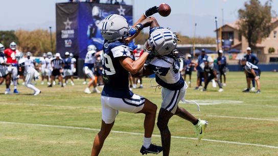 Devin Moore #29 of the Dallas Cowboys deflects a pass against Ceedee Lamb #88 of the Dallas Cowboys during training camp at River Ridge Playing Fields on August 3, 2026 in Oxnard, California. Devin Moore #29 of the Dallas Cowboys deflects a pass against Ceedee Lamb #88 of the Dallas Cowboys during training camp at River Ridge Playing Fields on August 3, 2026 in Oxnard, California.