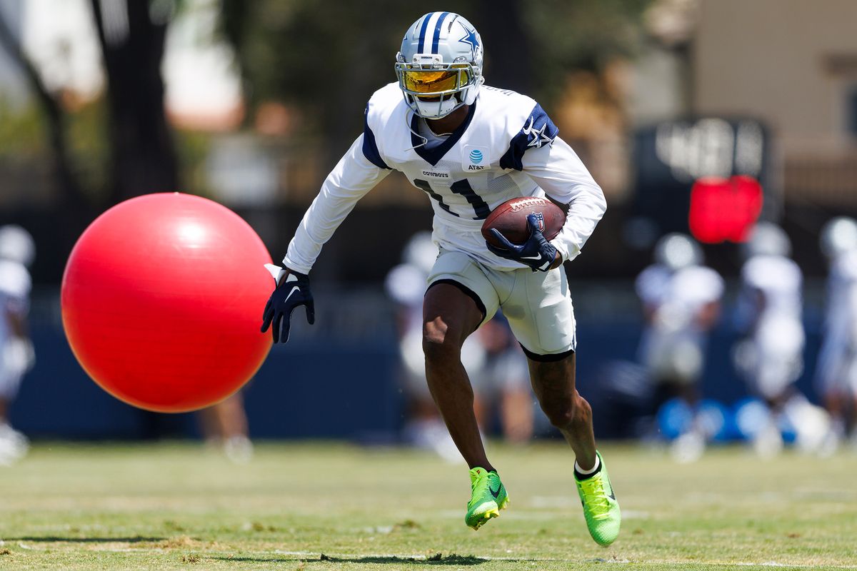 Marquez Valdes-Scantling #11 of the Dallas Cowboys runs after the catch during training camp at River Ridge Playing Fields on August 4, 2026 in Oxnard, California. Marquez Valdes-Scantling #11 of the Dallas Cowboys runs after the catch during training camp at River Ridge Playing Fields on August 4, 2026 in Oxnard, California.