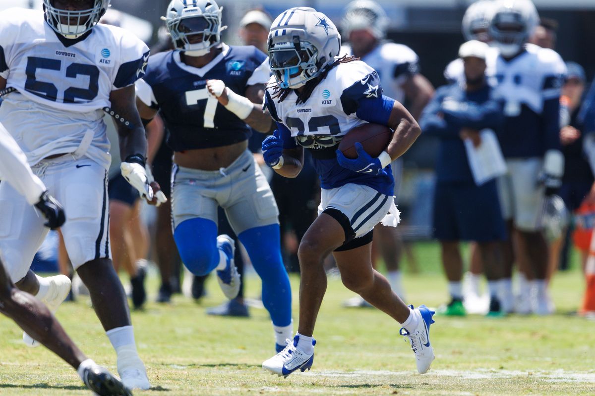 Jaydon Blue #23 of the Dallas Cowboys runs with the ball during training camp at River Ridge Playing Fields on August 4, 2026 in Oxnard, California. Jaydon Blue #23 of the Dallas Cowboys runs with the ball during training camp at River Ridge Playing Fields on August 4, 2026 in Oxnard, California.