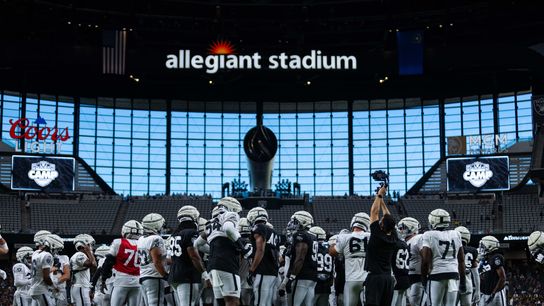 Las Vegas Raiders huddle up before their first open Training Camp at Allegiant Stadium, Wednesday August 14, 2024 in Las Vegas, Nev. (DJ Cabanlong/The Sporting Tribune) Las Vegas Raiders huddle up before their first open Training Camp at Allegiant Stadium, Wednesday August 14, 2024 in Las Vegas, Nev. (DJ Cabanlong/The Sporting Tribune)