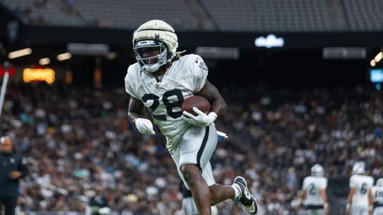 Las Vegas Raiders Running Back Sincere McCormick (28) runs with the ball during a Running Back drill at the Las Vegas Raiders Training Camp, Wednesday August 14, 2024 in Las Vegas, Nev. (DJ Cabanlong/The Sporting Tribune) Las Vegas Raiders Running Back Sincere McCormick (28) runs with the ball during a Running Back drill at the Las Vegas Raiders Training Camp, Wednesday August 14, 2024 in Las Vegas, Nev. (DJ Cabanlong/The Sporting Tribune)