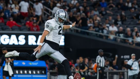 Las Vegas Raiders Kicker Daniel Carlson (2) kicks the ball off during a kick-off drill at the Las Vegas Raiders Training Camp, Wednesday August 14, 2024 in Las Vegas, Nev. (DJ Cabanlong/The Sporting Tribune) Las Vegas Raiders Kicker Daniel Carlson (2) kicks the ball off during a kick-off drill at the Las Vegas Raiders Training Camp, Wednesday August 14, 2024 in Las Vegas, Nev. (DJ Cabanlong/The Sporting Tribune)