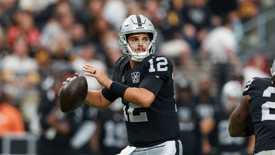 Las Vegas Raiders quarterback Aidan O'Connell (12) looks to throw the ball during a NFL football game against the Pittsburgh Steelers at Allegiant Stadium on October 29, 2024 in Las Vegas, Nevada. (Photo by Jordon Kelly/The Sporting Tribune)