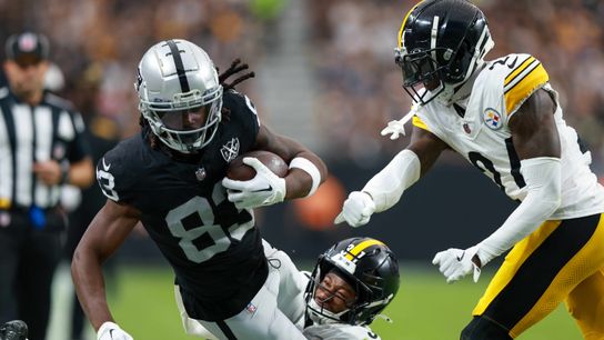 Las Vegas Raiders wide receiver Kristian Wilkerson (83) catches the ball for a gain during a NFL football game against the Pittsburgh Steelers at Allegiant Stadium on October 29, 2024 in Las Vegas, Nevada. (Photo by Jordon Kelly/The Sporting Tribune)
