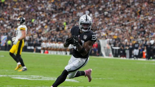 Las Vegas Raiders running back Alexander Mattison (22) catches the ball for a gain during a NFL football game against the Pittsburgh Steelers at Allegiant Stadium on October 29, 2024 in Las Vegas, Nevada. (Photo by Jordon Kelly/The Sporting Tribune)