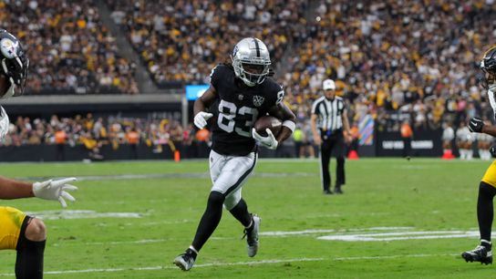 Las Vegas Raiders wide receiver Kristian Wilkerson (83) catches the ball for a touchdown during a NFL football game against the Pittsburgh Steelers at Allegiant Stadium on October 29, 2024 in Las Vegas, Nevada. (Photo by Jordon Kelly/The Sporting Tribune)