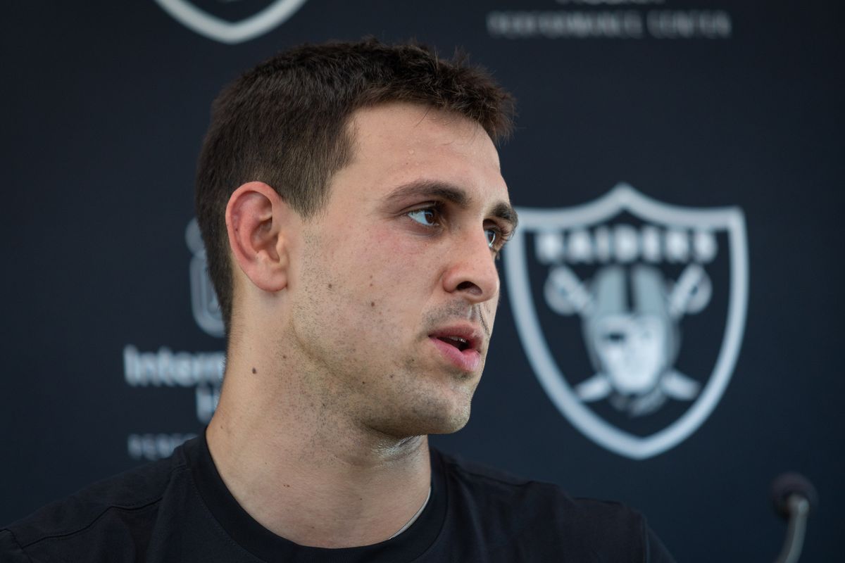 Las Vegas Raiders wide receiver Jack Bech (18) speaks to the media after the Raiders’ rookie mini camp, Friday May 9, 2025 in Las Vegas, Nev.