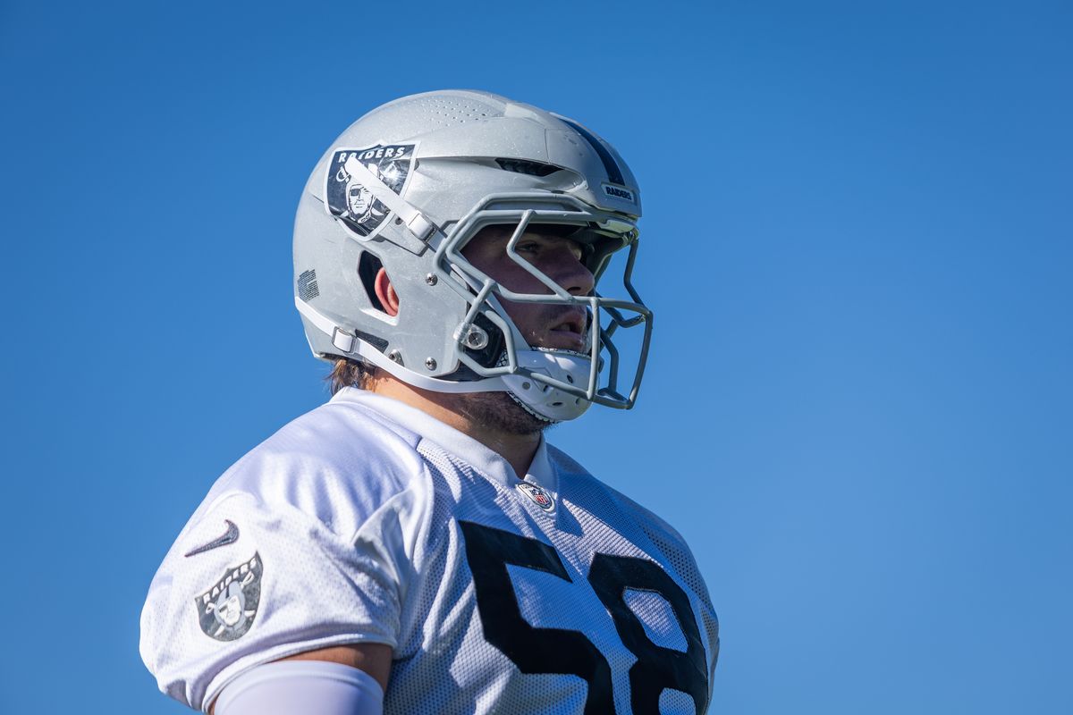  Las Vegas Raiders center Jackson Powers-Johnson (58) waits to participate in an offensive line drill during the Raiders Training Camp, Wednesday July 23, 2025 in Las Vegas, Nev. 