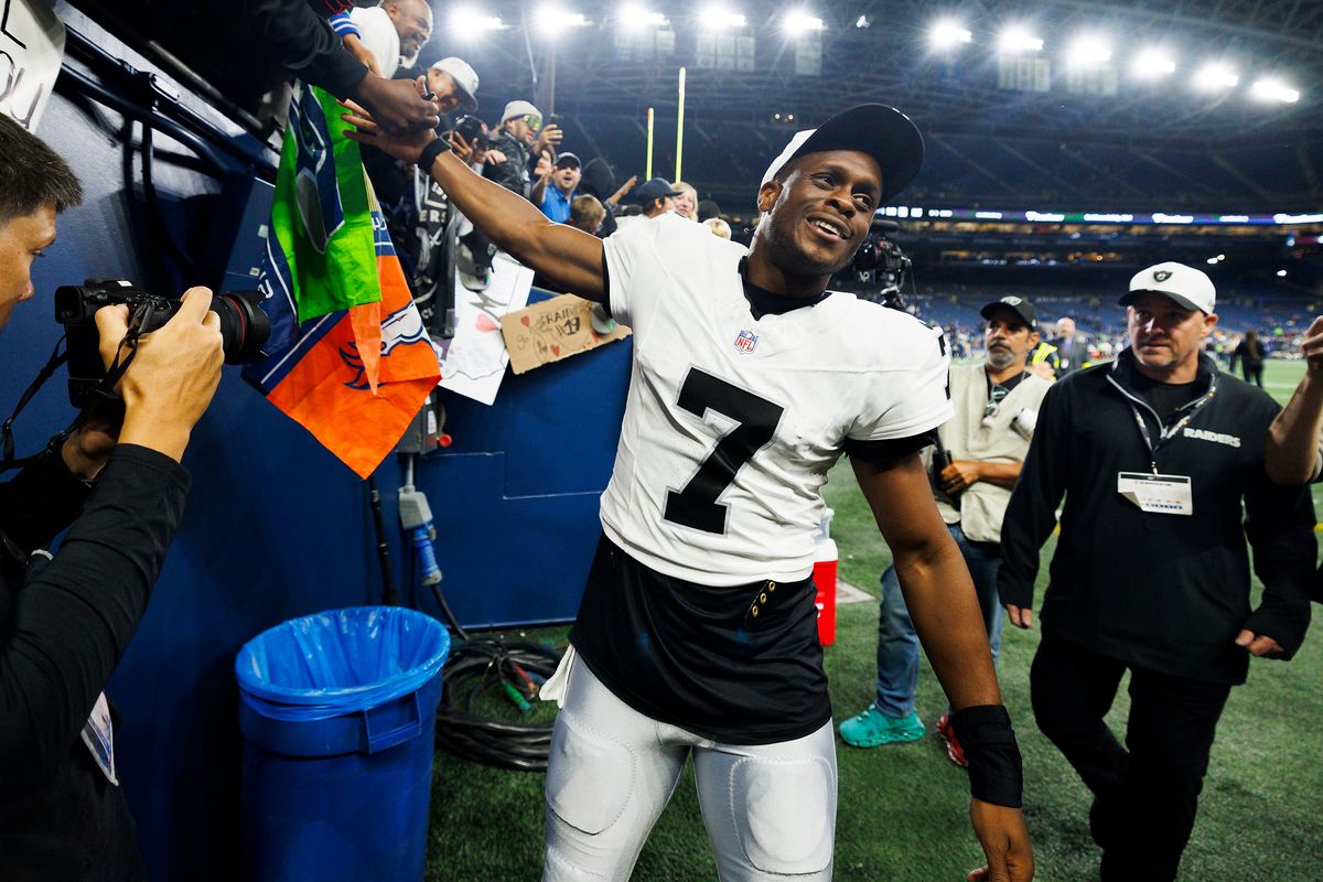 Geno Smith #7 of the Las Vegas Raiders walks off the field after the game against the Seattle Seahawks at Lumen Field on August 7, 2025 in Seattle, Washington.