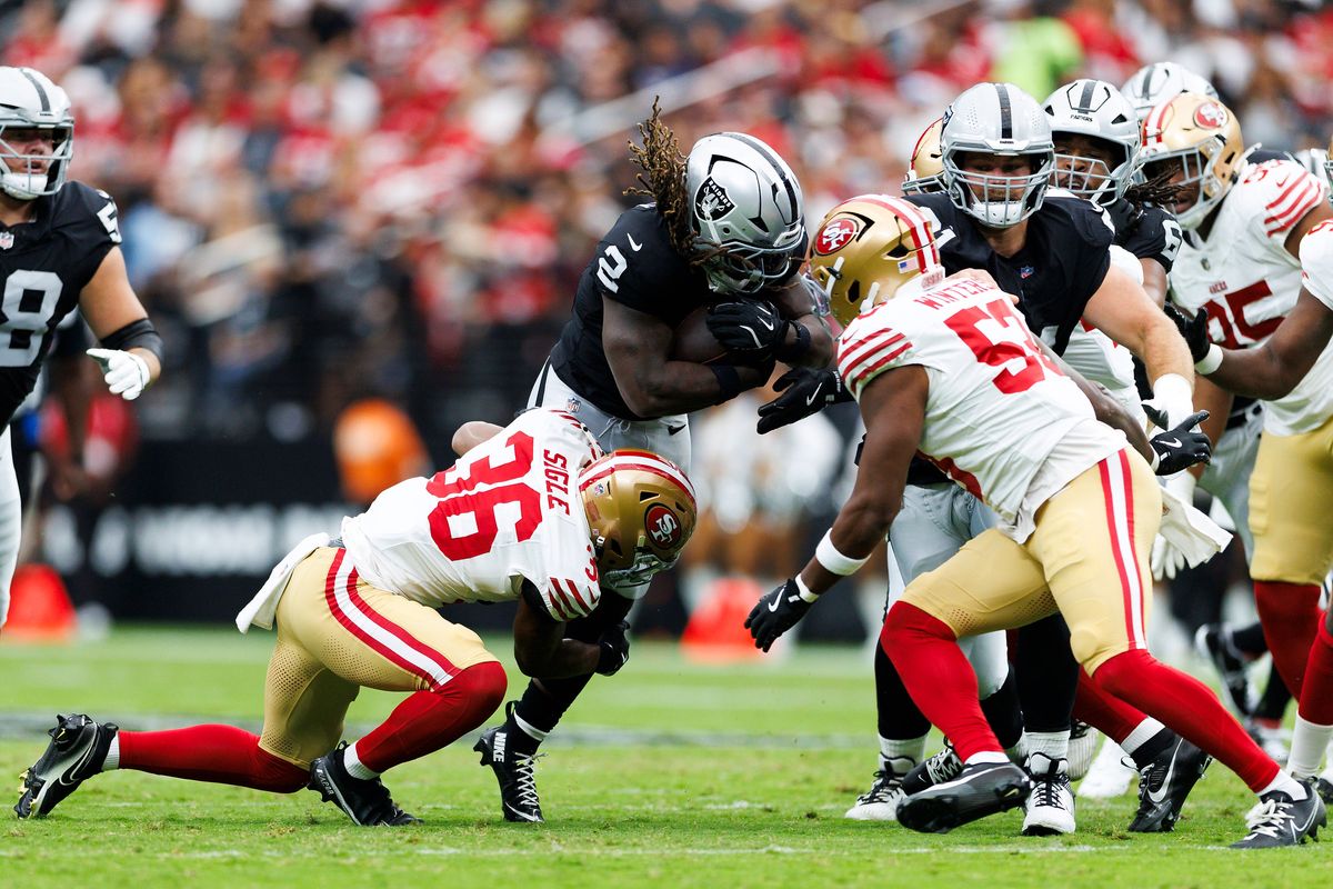 Ashton Jeanty #2 of the Las Vegas Raiders runs with the ball during the first half against the San Francisco 49ers at Allegiant Stadium on August 16, 2025 in Las Vegas, Nevada. Ashton Jeanty #2 of the Las Vegas Raiders runs with the ball during the first half against the San Francisco 49ers at Allegiant Stadium on August 16, 2025 in Las Vegas, Nevada.