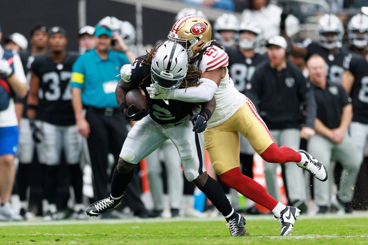 Ashton Jeanty #2 of the Las Vegas Raiders is tackled by Ji'Ayir Brown #27 of the San Francisco 49ers during the first half at Allegiant Stadium on August 16, 2025 in Las Vegas, Nevada. Ashton Jeanty #2 of the Las Vegas Raiders is tackled by Ji'Ayir Brown #27 of the San Francisco 49ers during the first half at Allegiant Stadium on August 16, 2025 in Las Vegas, Nevada.