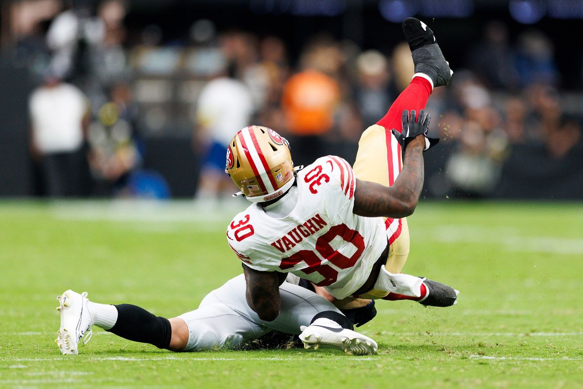 Ke'Shawn Vaughn #30 of the San Francisco 49ers is tackled during the second half against the Las Vegas Raiders at Allegiant Stadium on August 16, 2025 in Las Vegas, Nevada. Ke'Shawn Vaughn #30 of the San Francisco 49ers is tackled during the second half against the Las Vegas Raiders at Allegiant Stadium on August 16, 2025 in Las Vegas, Nevada.