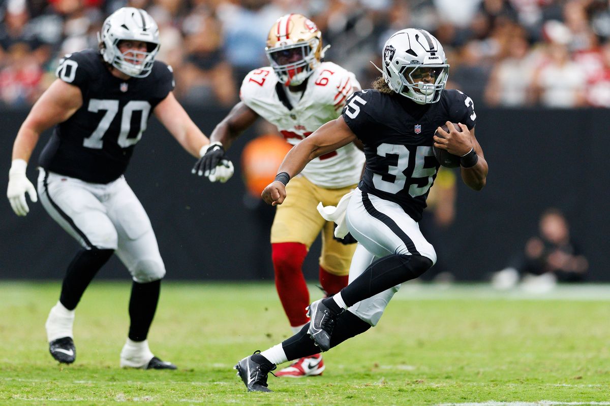 Chris Collier #35 of the Las Vegas Raiders runs with the ball during the second half against the San Francisco 49ers at Allegiant Stadium on August 16, 2025 in Las Vegas, Nevada. Chris Collier #35 of the Las Vegas Raiders runs with the ball during the second half against the San Francisco 49ers at Allegiant Stadium on August 16, 2025 in Las Vegas, Nevada.