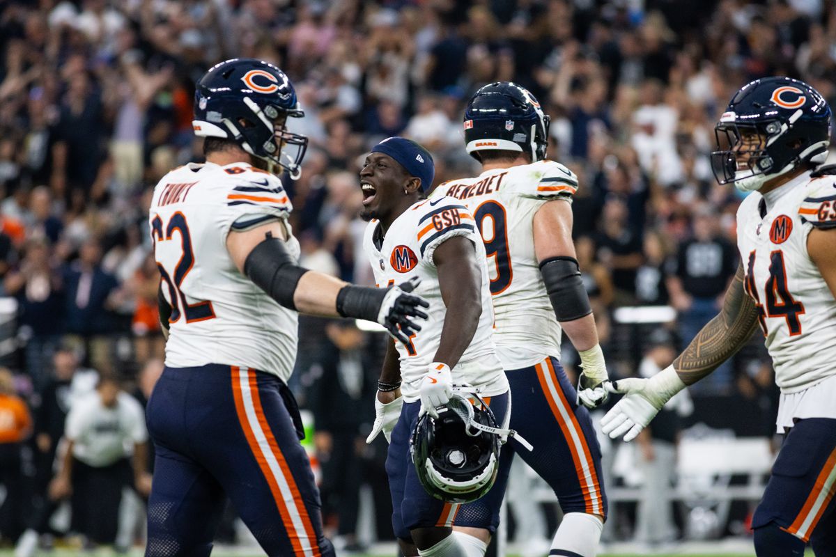 Chicago Bears wide receiver Olamide Zaccheaus (14) celebrates with defense after a game-winning field goal block during a NFL game between the Las Vegas Raiders and the Chicago Bears, Sunday September 28, 2025 in Las Vegas, Nev. Chicago Bears wide receiver Olamide Zaccheaus (14) celebrates with defense after a game-winning field goal block during a NFL game between the Las Vegas Raiders and the Chicago Bears, Sunday September 28, 2025 in Las Vegas, Nev.