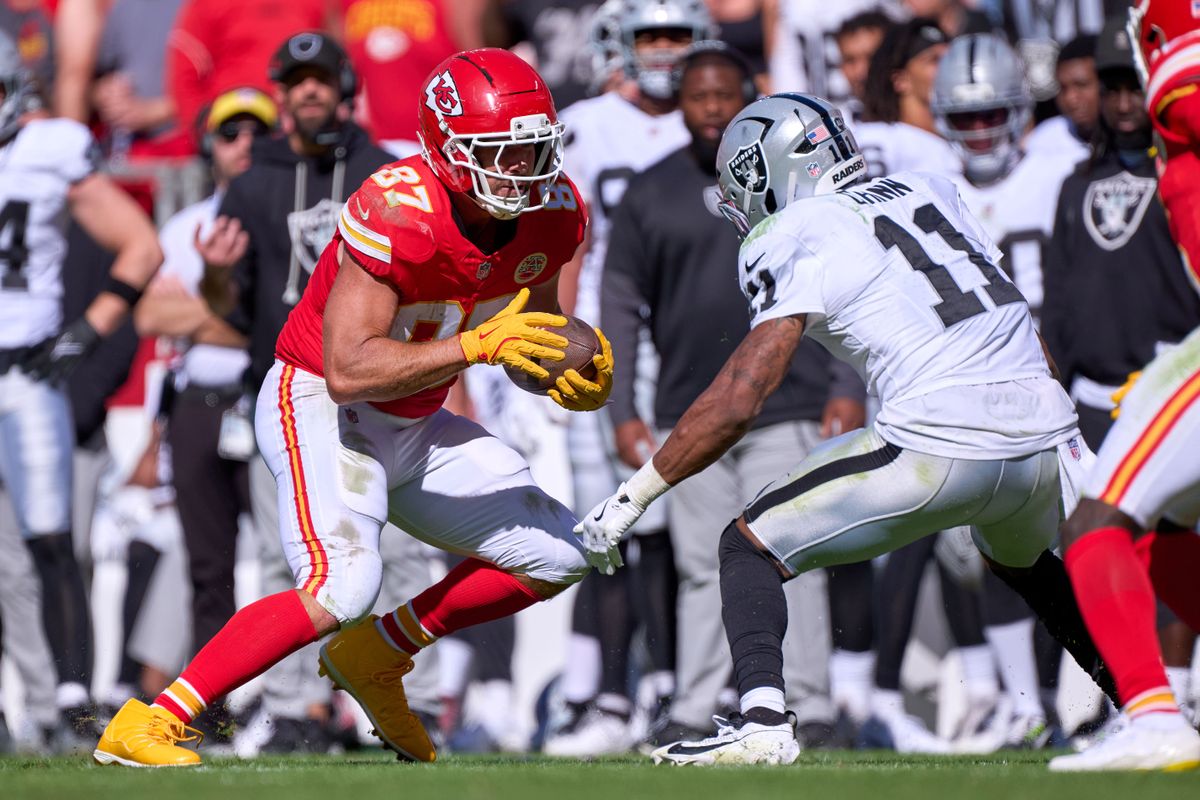 Kansas City Chiefs tight end Travis Kelce #87 runs with the football in the first half against the Las Vegas Raiders during an NFL game at Arrowhead Stadium on October 19, 2025 in Kansas City, Missouri. Kansas City Chiefs tight end Travis Kelce #87 runs with the football in the first half against the Las Vegas Raiders during an NFL game at Arrowhead Stadium on October 19, 2025 in Kansas City, Missouri.