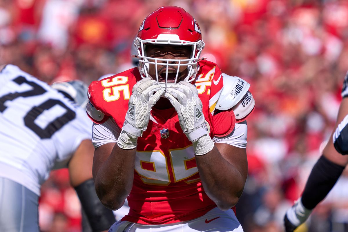 Kansas City Chiefs defensive end Chris Jones #95 celebrates after a tackle against the Las Vegas Raiders during an NFL game at Arrowhead Stadium on October 19, 2025 in Kansas City, Missouri. Kansas City Chiefs defensive end Chris Jones #95 celebrates after a tackle against the Las Vegas Raiders during an NFL game at Arrowhead Stadium on October 19, 2025 in Kansas City, Missouri.