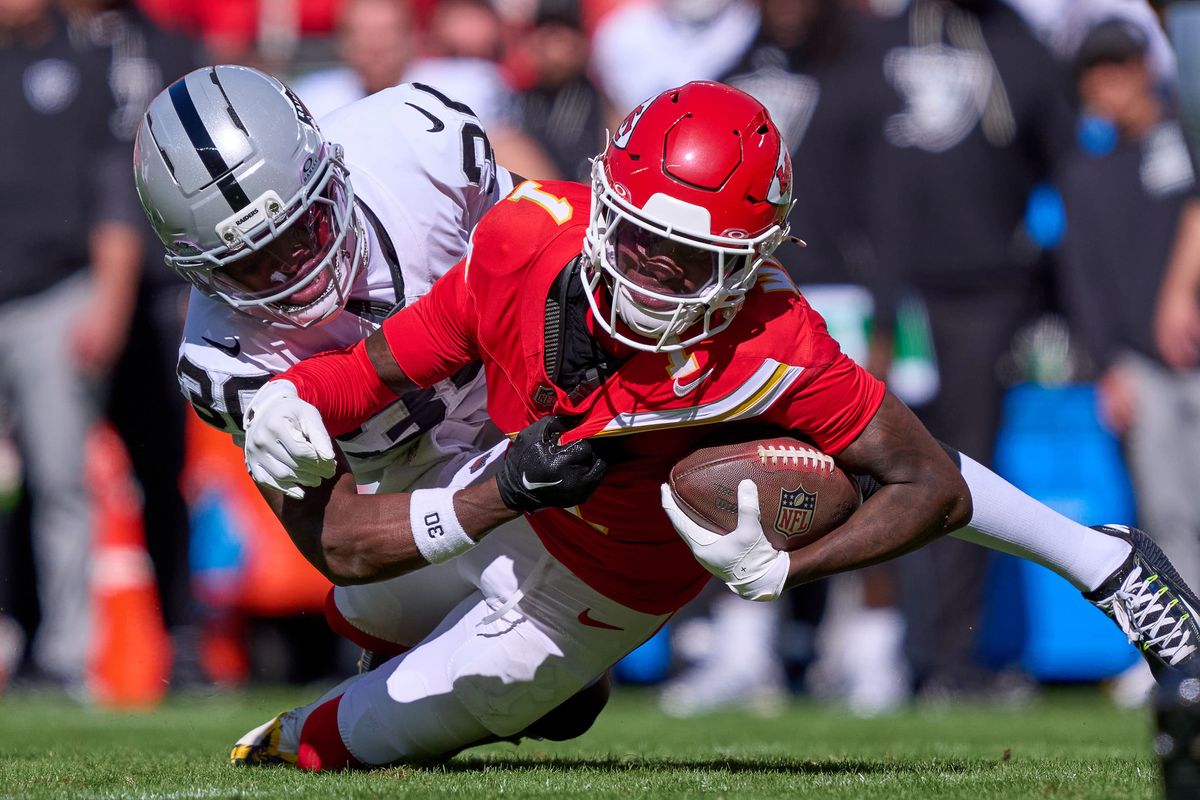 Kansas City Chiefs wide receiver Xavier Worthy #1 battles with Las Vegas Raiders cornerback Darnay Holmes #30 in the second half against the Las Vegas Raiders during an NFL game at Arrowhead Stadium on October 19, 2025 in Kansas City, Missouri. Kansas City Chiefs wide receiver Xavier Worthy #1 battles with Las Vegas Raiders cornerback Darnay Holmes #30 in the second half against the Las Vegas Raiders during an NFL game at Arrowhead Stadium on October 19, 2025 in Kansas City, Missouri.
