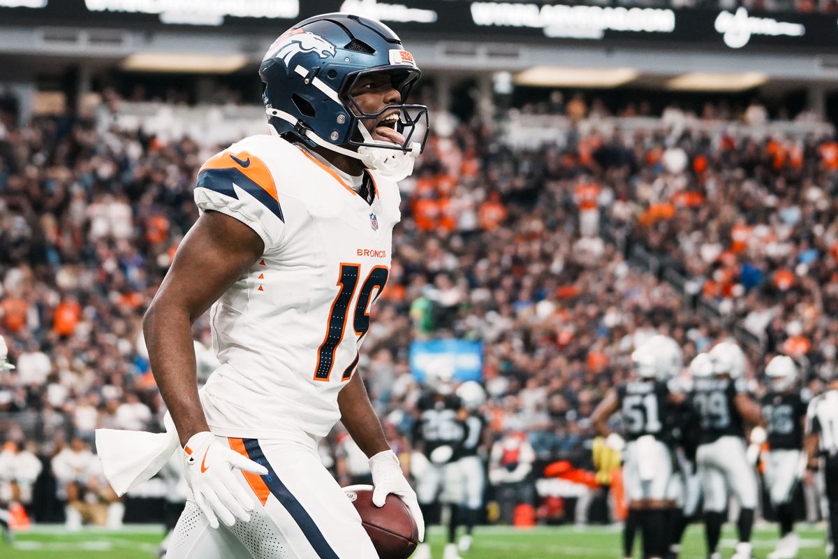 Broncos wide receiver  Marvin Mims Jr (19) celebrates after scoring a touchdown during second quarter of NFL game against the Raiders on Sunday, Dec. 7, 2025 at Allegiant Stadium in Las Vegas.