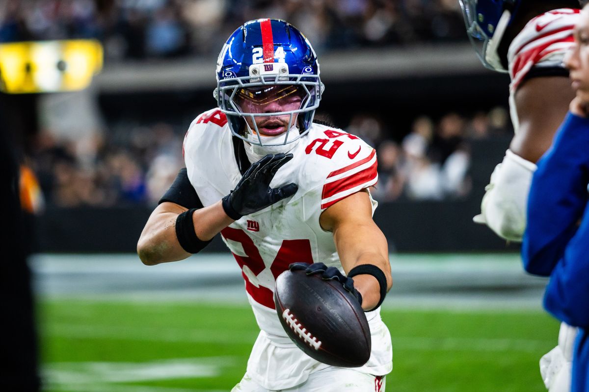 New York Giants cornerback Dane Belton (24) celebrates after making an interception during a NFL game between the Las Vegas Raiders and the New York Giants, Sunday December 28, 2025 in Las Vegas, Nev.