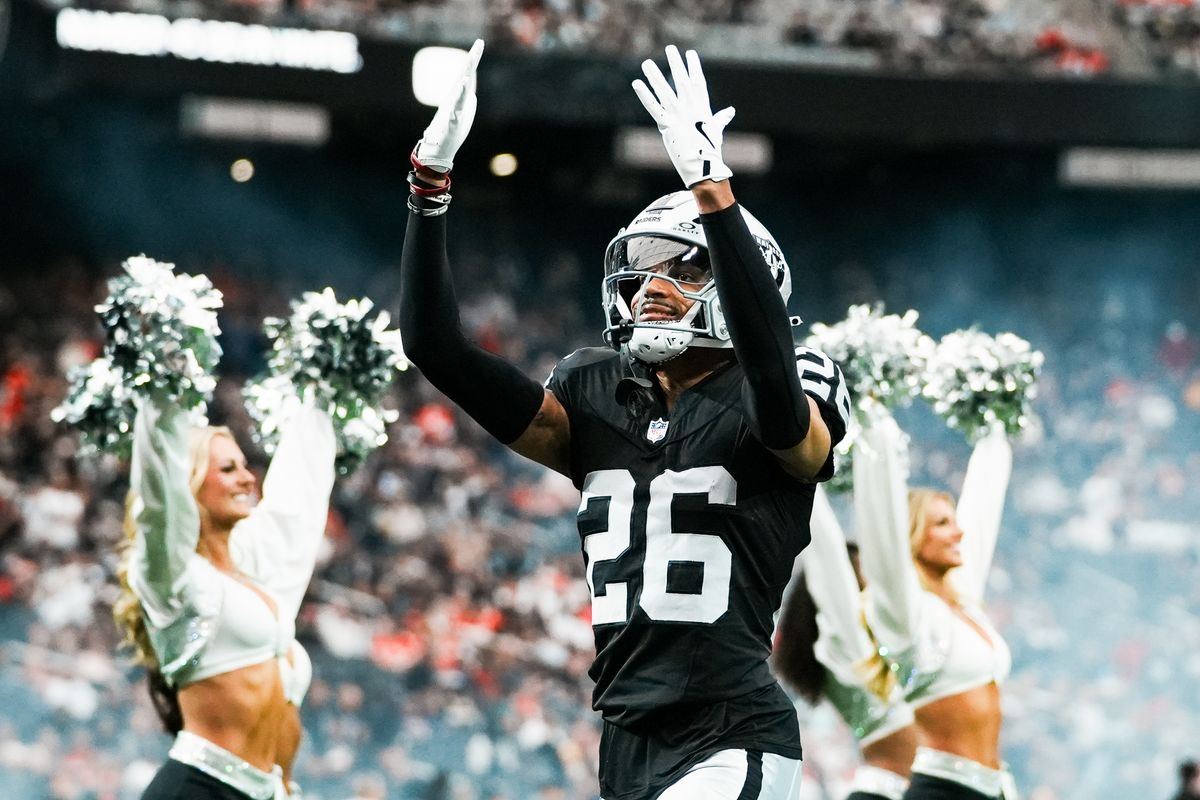 Raiders corner back Darien Porter (26) enters the field before NFL game against Chiefs on Sunday, January 4, 2026 at Allegiant Stadium in Las Vegas.