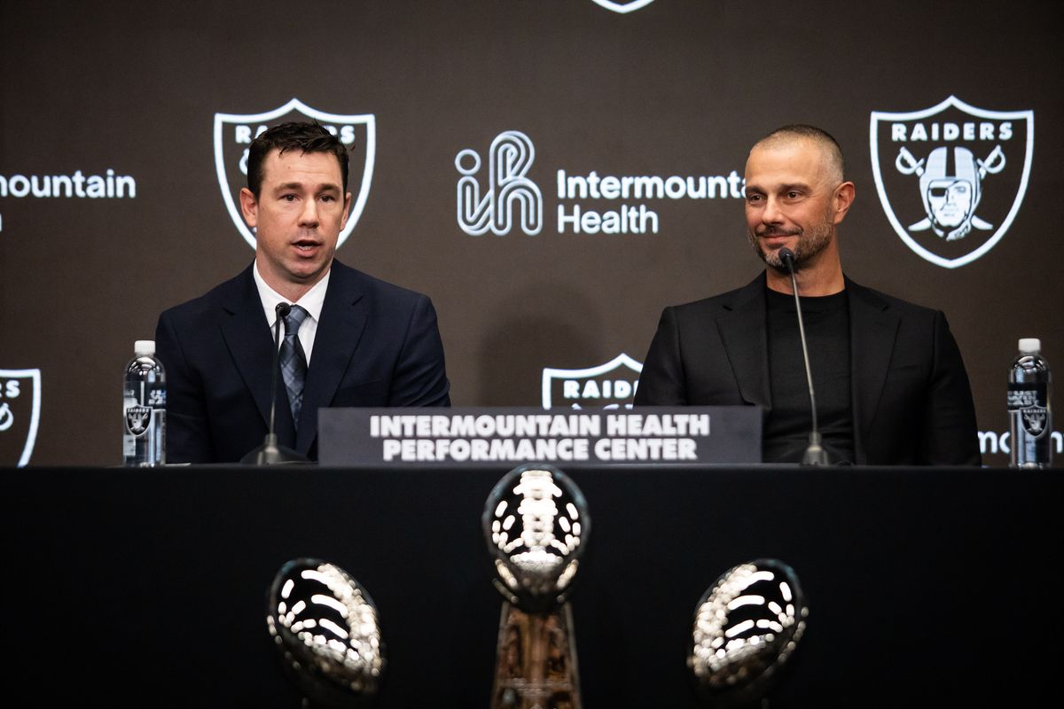 Las Vegas Raiders newly hired head coach Klint Kubiak speaks to the media beside Raiders' general manager John Spytek during a press conference, Tuesday February 10, 2026 in Henderson, Nev. 