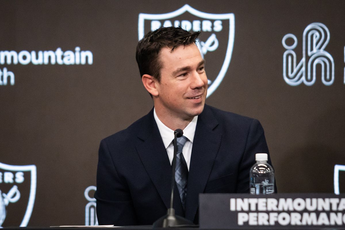 Las Vegas Raiders newly hired head coach Klint Kubiak smiles while speaking to the media during a press conference, Tuesday February 10, 2026 in Henderson, Nev. 