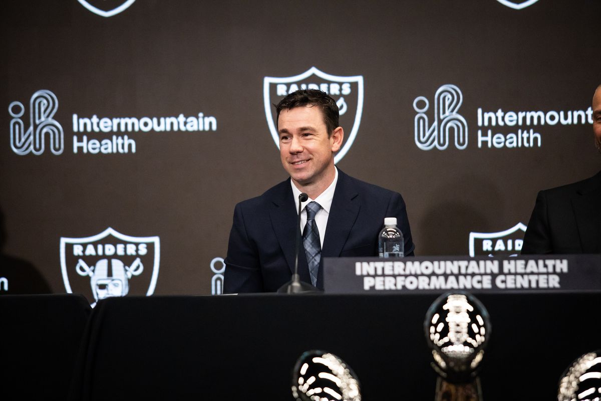 Las Vegas Raiders newly hired head coach Klint Kubiak smiles while speaking to the media during a press conference, Tuesday February 10, 2026 in Henderson, Nev. 