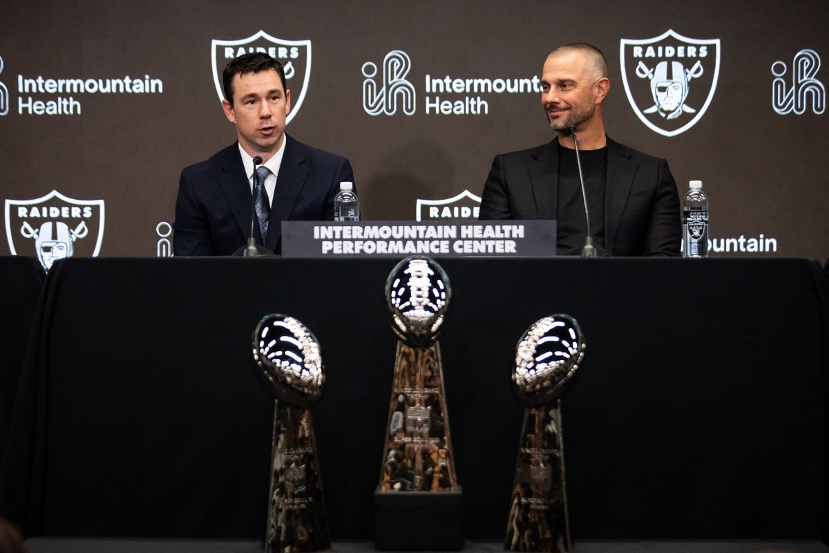 Las Vegas Raiders newly hired head coach Klint Kubiak speaks to the media beside Raiders’ general manager John Spytek during a press conference, Tuesday February 10, 2026 in Henderson, Nev. 