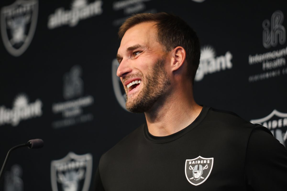 Las Vegas Raiders quarterback Kirk Cousins smiles while speaking to the media in a press conference, Wednesday April 8, 2026 in Henderson, Nev. Las Vegas Raiders quarterback Kirk Cousins smiles while speaking to the media in a press conference, Wednesday April 8, 2026 in Henderson, Nev.