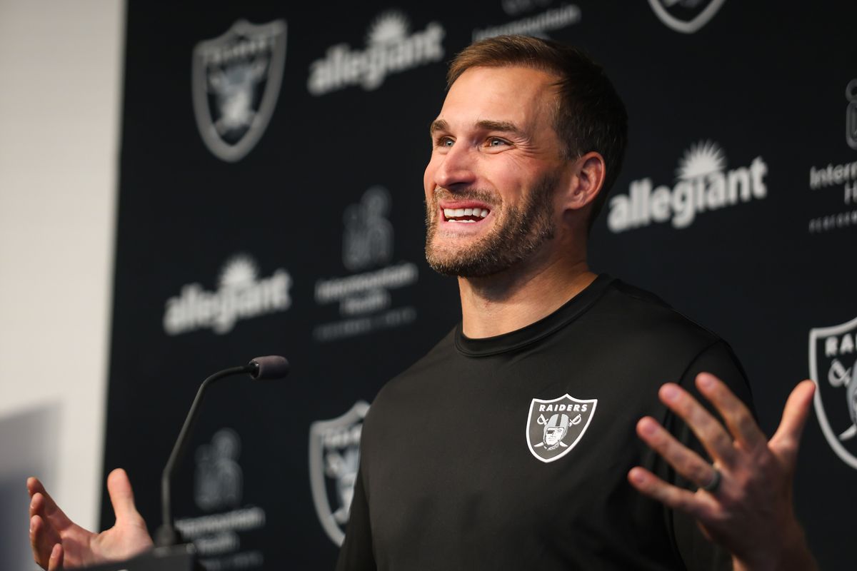 Las Vegas Raiders quarterback Kirk Cousins laughs while speaking to the media in a press conference, Wednesday April 8, 2026 in Henderson, Nev. Las Vegas Raiders quarterback Kirk Cousins laughs while speaking to the media in a press conference, Wednesday April 8, 2026 in Henderson, Nev.