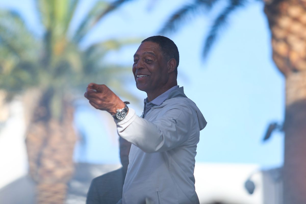 Former Oakland Raiders running back Marcus Allen points and smiles at a fan while on stage during the Raiders 2026 Draft Party, Thursday April 23, 2026 in Las Vegas, Nev. 