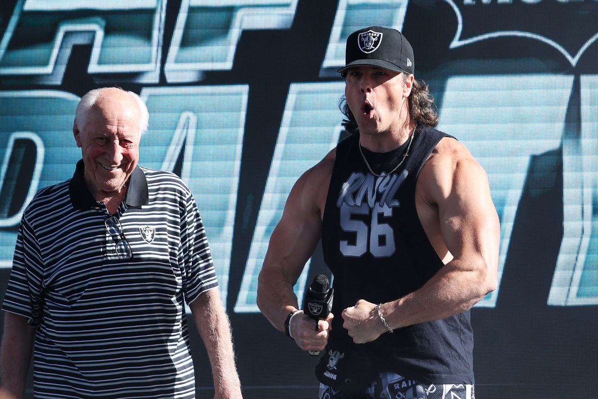Former Oakland Raiders quarterback Fred Biletnikoff and linebacker Miles Burris hype up the crowd while on stage during the Raiders 2026 Draft Party at Palms Casino Resort, Thursday April 23, 2026 in Las Vegas, Nev. 