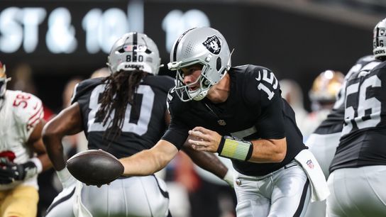 Aug 27, 2026; Paradise, Nevada, USA; Las Vegas Raiders quarterback Fernando Mendoza (15) looks to handoff the ball against the San Francisco 49ers during the first half at Allegiant Stadium. Aug 27, 2026; Paradise, Nevada, USA; Las Vegas Raiders quarterback Fernando Mendoza (15) looks to handoff the ball against the San Francisco 49ers during the first half at Allegiant Stadium.