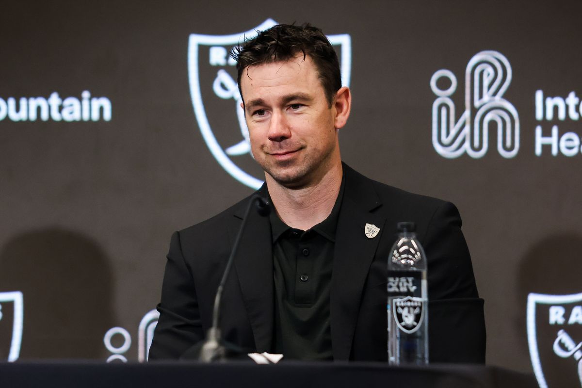 Las Vegas Raiders head coach Klint Kubiak grins during a press conference, Friday April 24, 2026 in Henderson, Nev.