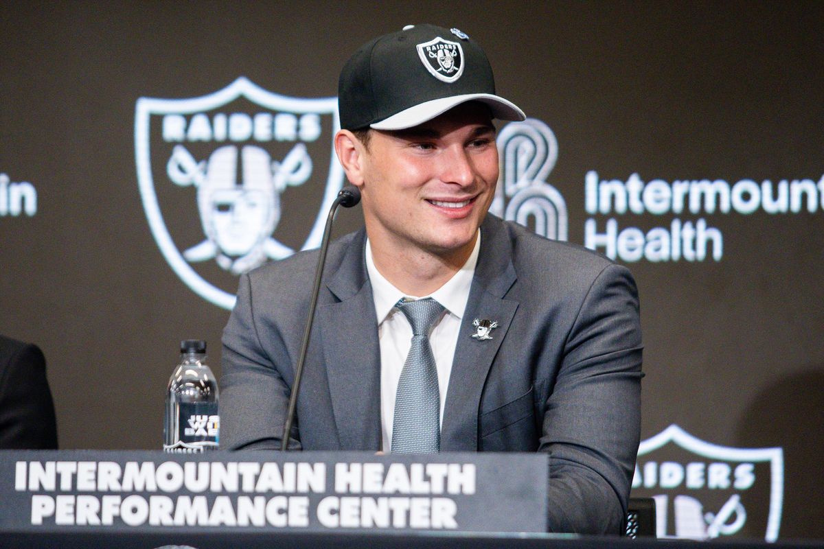 Las Vegas Raiders quarterback Fernando Mendoza looks to the side during a press conference, Friday April 24, 2026 in Henderson, Nev.