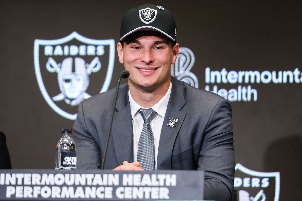 Las Vegas Raiders quarterback Fernando Mendoza smiles during a press conference, Friday April 24, 2026 in Henderson, Nev.