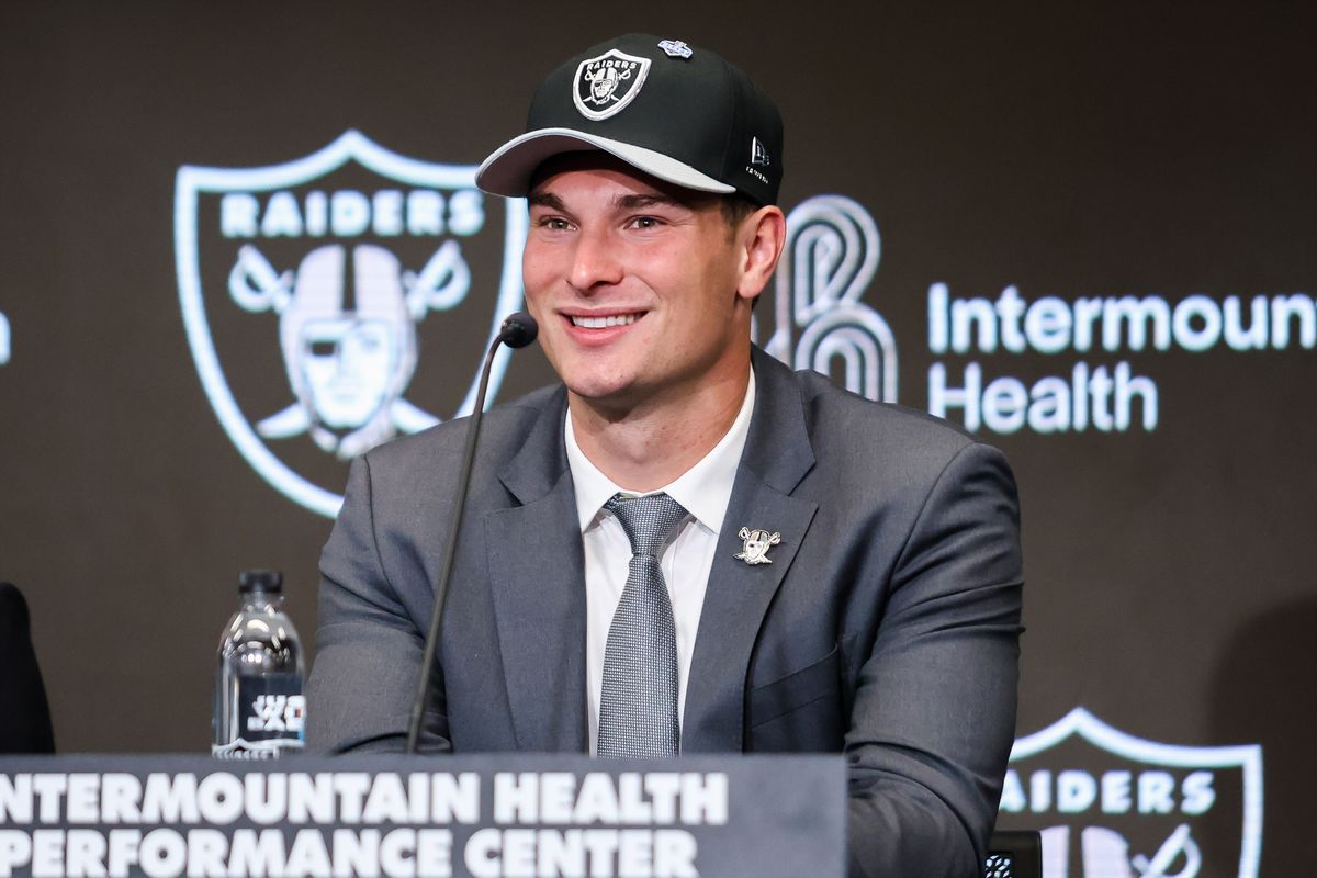 Las Vegas Raiders quarterback Fernando Mendoza looks to the distance while listening to a question during a press conference, Friday April 24, 2026 in Henderson, Nev.