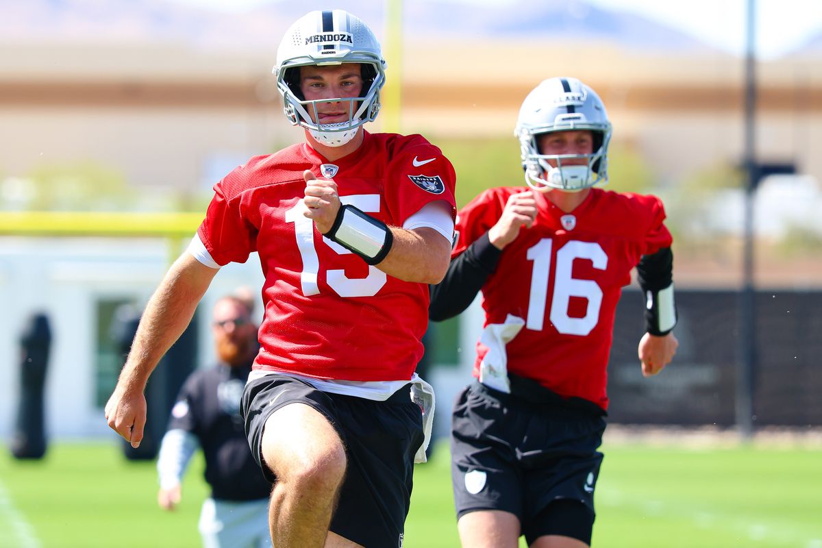 Las Vegas Raiders 2026 first overall draft pick QB Fernando Mendoza (15) warms up at Raiders Rookie Mini-Camp at Intermountain Health Performance Center on Saturday, May 02, 2026, in Henderson, Nevada. 