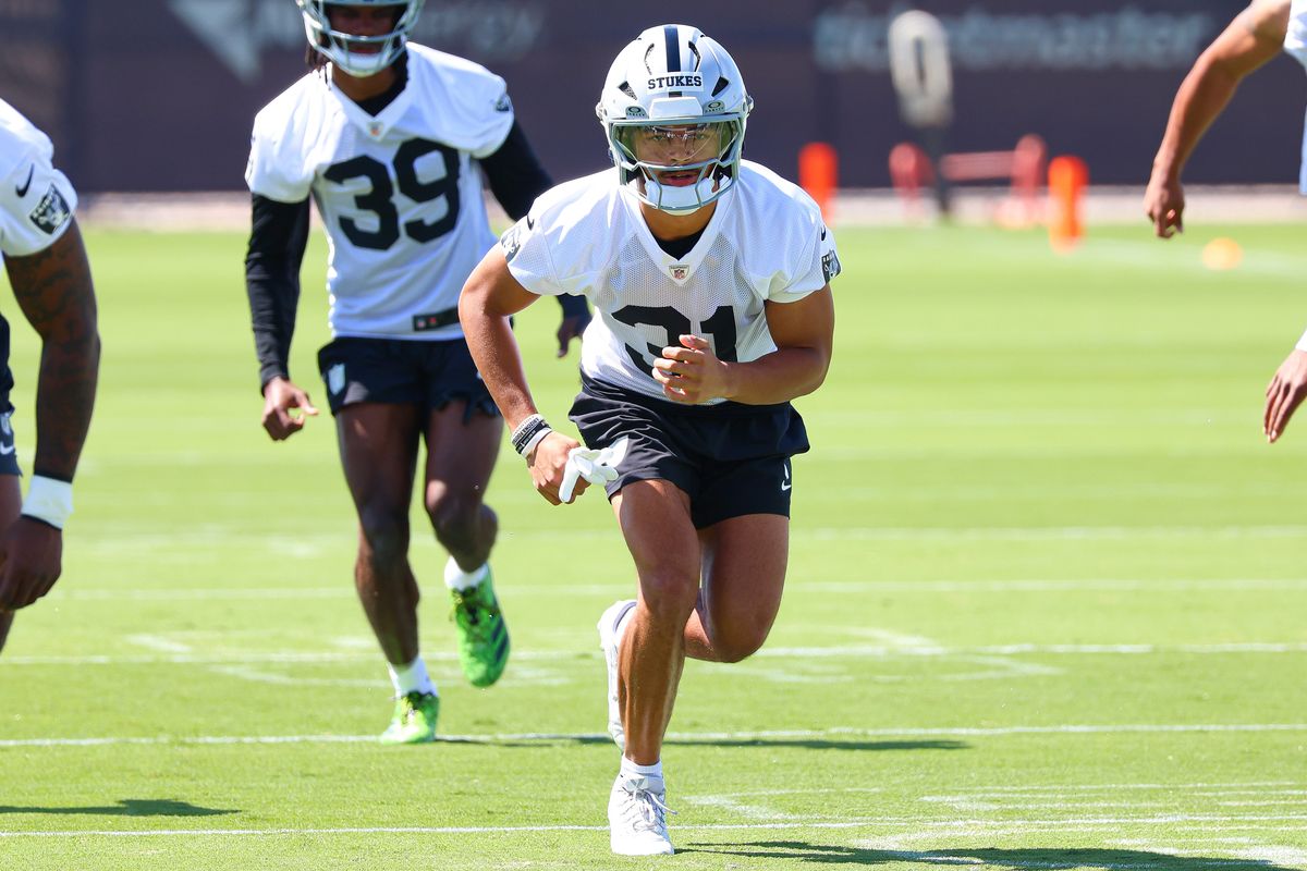 Las Vegas Raiders 2026 second round pick S Treydan Stukes warms up prior to Raiders Rookie Mini-Camp at Intermountain Health Performance Center on Saturday, May 02, 2026, in Henderson, Nevada. 
