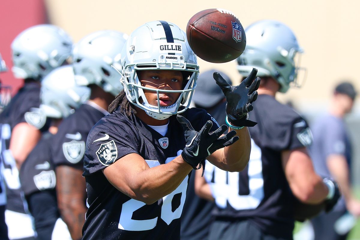 Las Vegas Raiders mini-camp invitee WR Malcolm Gillie (28) catches a football at Raiders Rookie Mini-Camp at Intermountain Health Performance Center on Saturday, May 02, 2026, in Henderson, Nevada. 