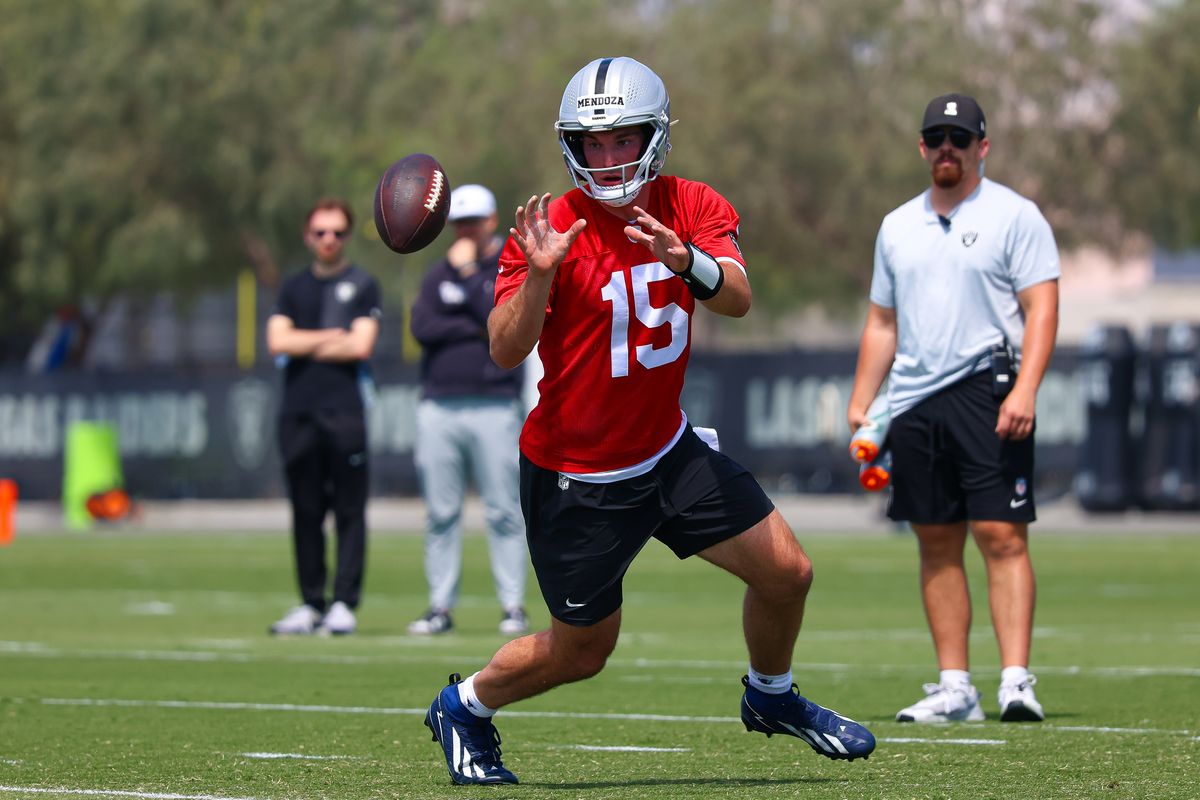 Las Vegas Raiders 2026 first-overall pick QB Fernando Mendoza (15) seen at Raiders Rookie Mini-Camp at Intermountain Health Performance Center on Saturday, May 02, 2026, in Henderson, Nevada. 