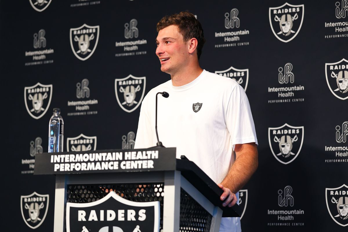 Las Vegas Raiders 2026 first overall draft pick QB Fernando Mendoza (15) speaks with the media after Raiders Rookie Mini-Camp at Intermountain Health Performance Center on Saturday, May 02, 2026, in Henderson, Nevada. 