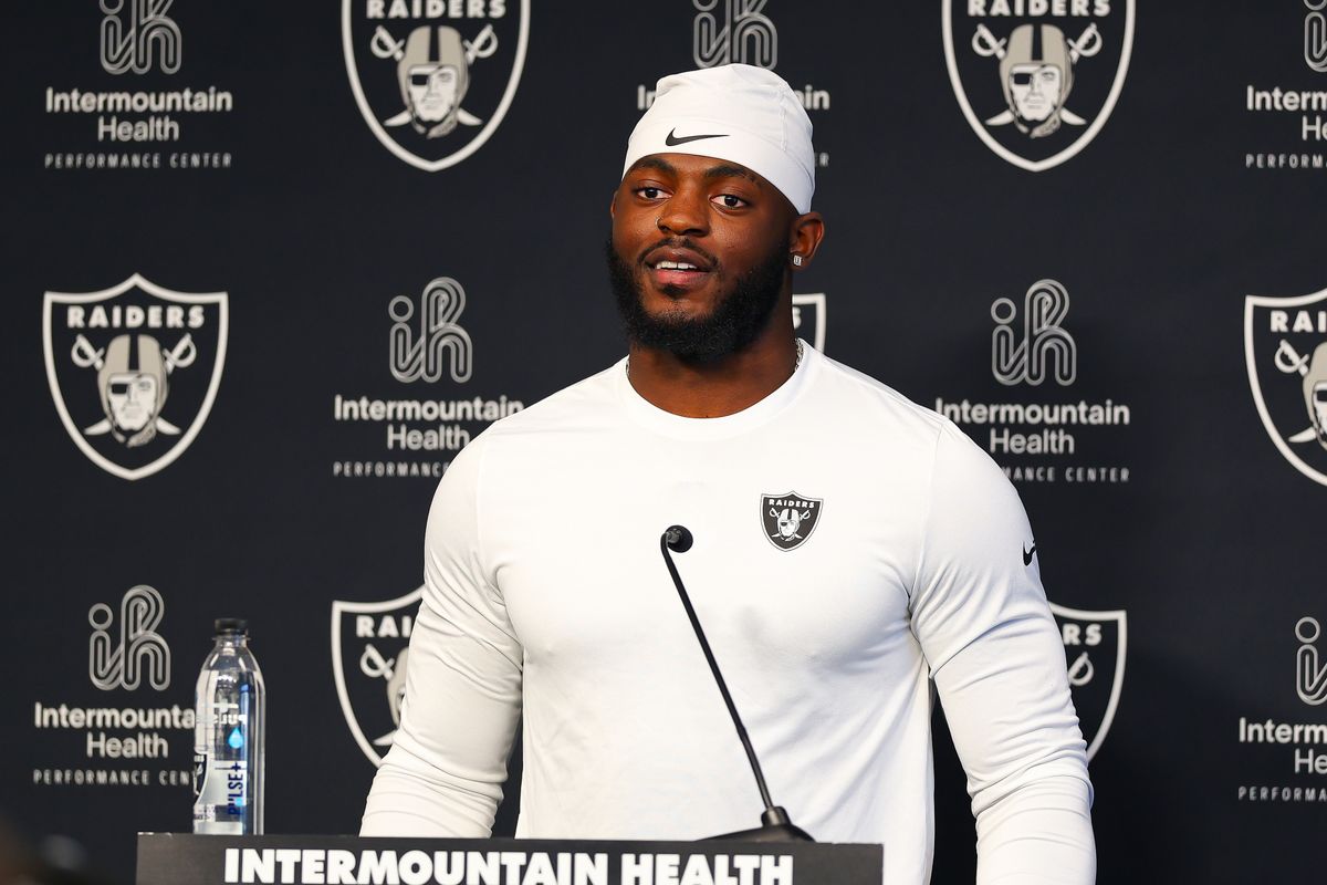 Las Vegas Raiders 2026 third round draft pick DE Keyron Crawford (42) speaks with the media following Raiders Rookie Mini-Camp at Intermountain Health Performance Center on Saturday, May 02, 2026, in Henderson, Nevada. 