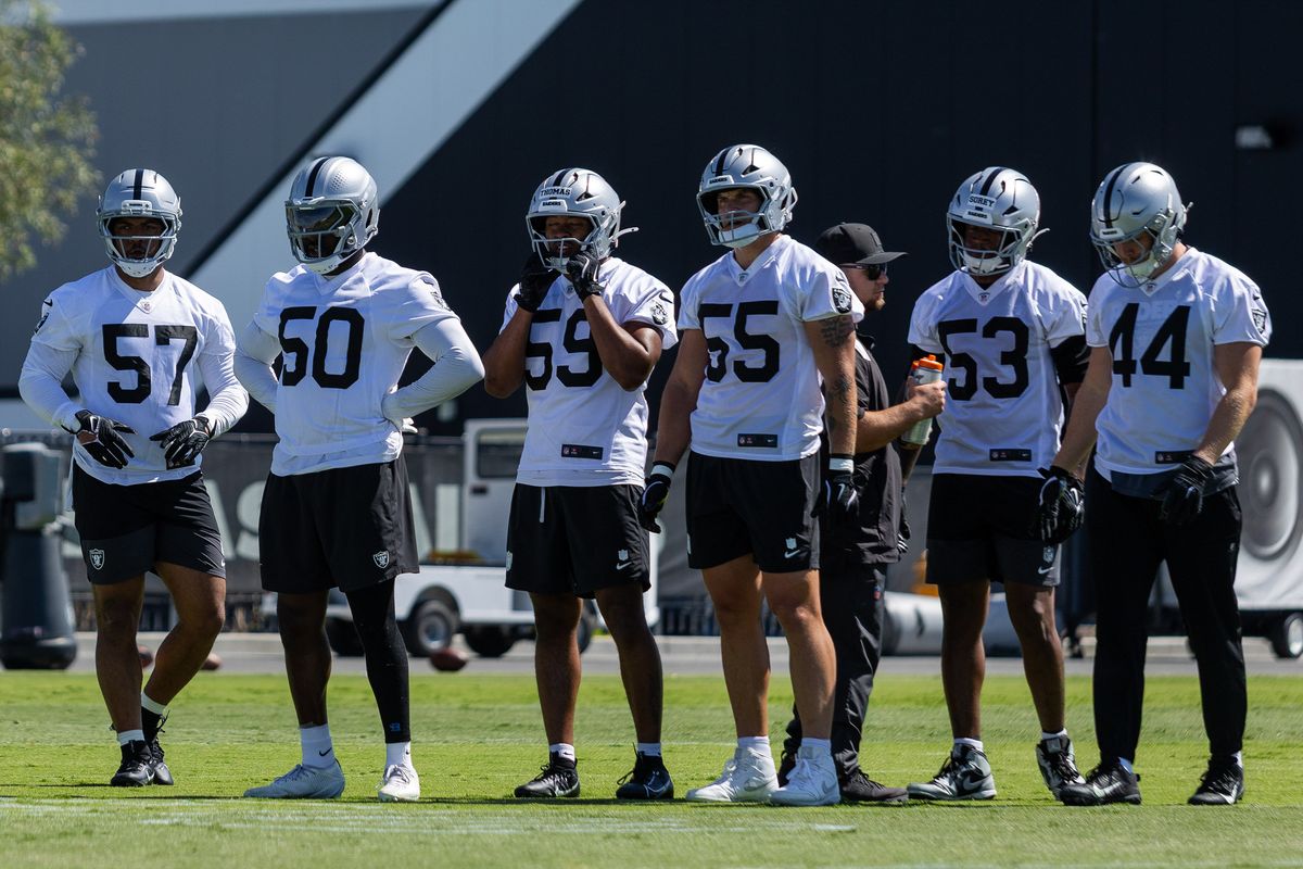 Las Vegas Raiders linebackers wait to start a drill during Raiders OTAs at Intermountain Health Performance Center, Wednesday May 20, 2026 in Henderson, Nev. Las Vegas Raiders linebackers wait to start a drill during Raiders OTAs at Intermountain Health Performance Center, Wednesday May 20, 2026 in Henderson, Nev.
