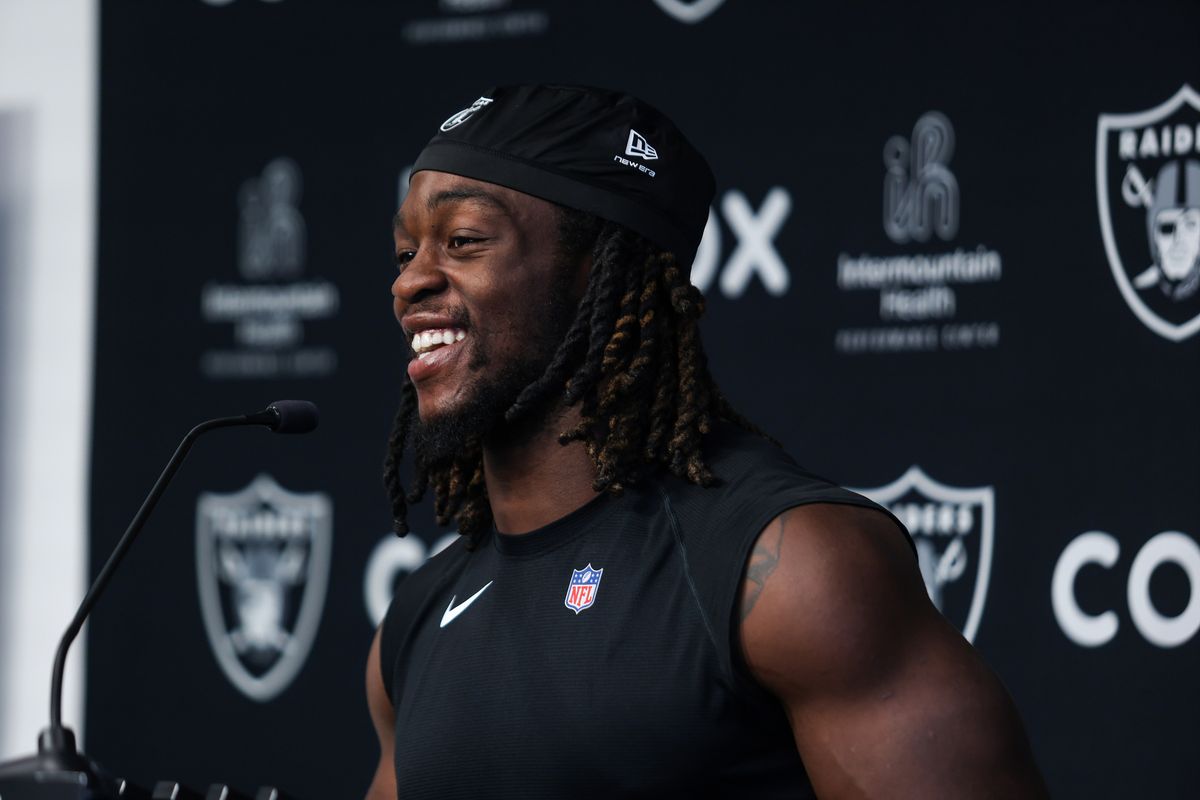 Las Vegas Raiders running back Ashton Jeanty (2) laughs while speaking to the media after Raiders OTAs at Intermountain Health Performance Center, Wednesday May 20, 2026 in Henderson, Nev. Las Vegas Raiders running back Ashton Jeanty (2) laughs while speaking to the media after Raiders OTAs at Intermountain Health Performance Center, Wednesday May 20, 2026 in Henderson, Nev.