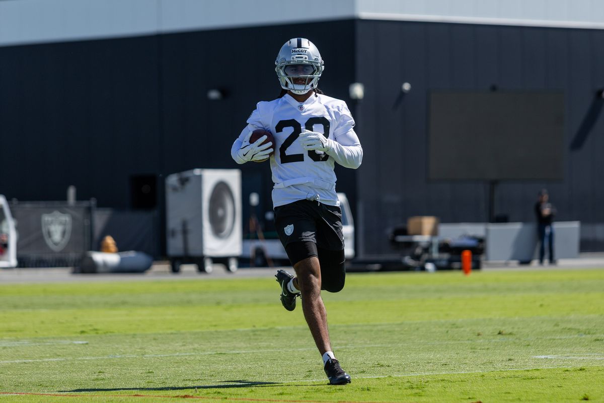 Las Vegas Raiders cornerback Jermod McCoy (28) runs with the ball in a punt return drill during Raiders OTAs at Intermountain Health Performance Center, Wednesday May 20, 2026 in Henderson, Nev. Las Vegas Raiders cornerback Jermod McCoy (28) runs with the ball in a punt return drill during Raiders OTAs at Intermountain Health Performance Center, Wednesday May 20, 2026 in Henderson, Nev.